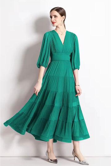 Solid Tiered Long Dress - Green